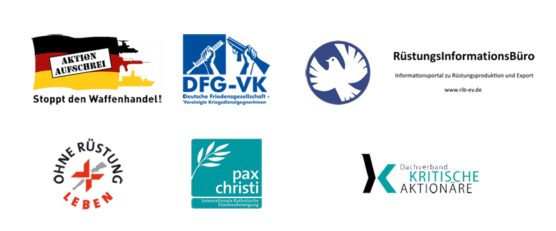 Logos der Pressemitteilung Aktion Aufschrei, PAX Christi, Ohne Rstung leben, Rstungsinformationsbro, Kritische Aktionre